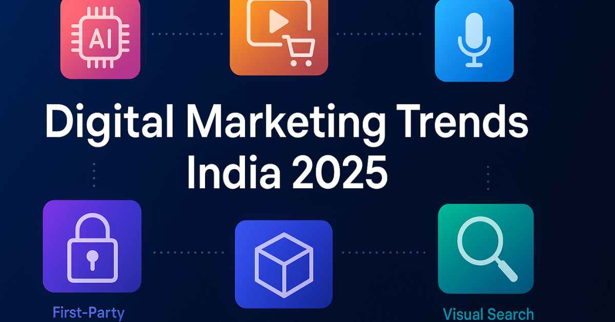 Digital Marketing Trends India 2025 with AI, video commerce, voice search and immersive content icons