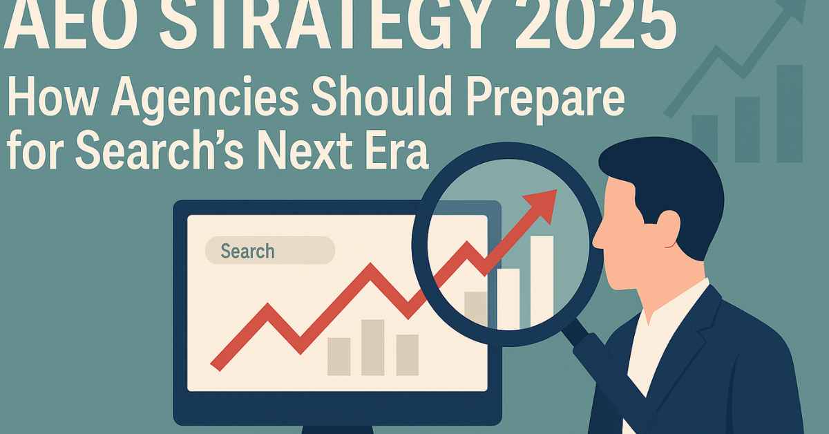 “AEO Strategy 2025 concept graphic showing a person analyzing search growth charts with a magnifying glass and computer screen.”